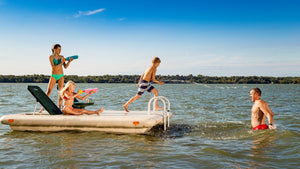   Otter Island Swim Rafts - fun for the whole family, safe, comes with ladder, back rests and pop-up table. Fun for your waterfront, in stock and ready to deliver! Contact Us now! 